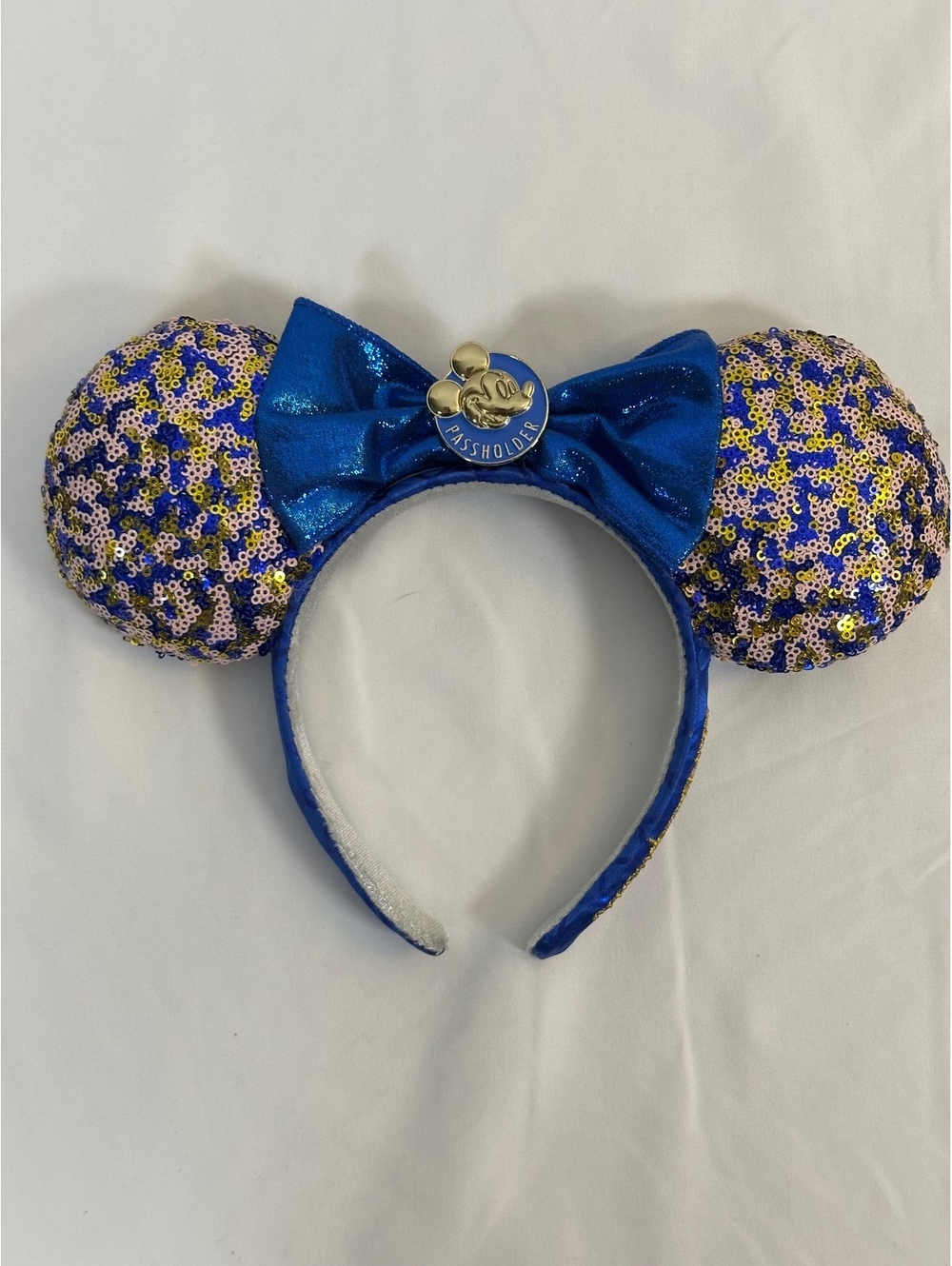 Disney Passholder Minnie Mouse Ears Headband with Blue Sequin Bow